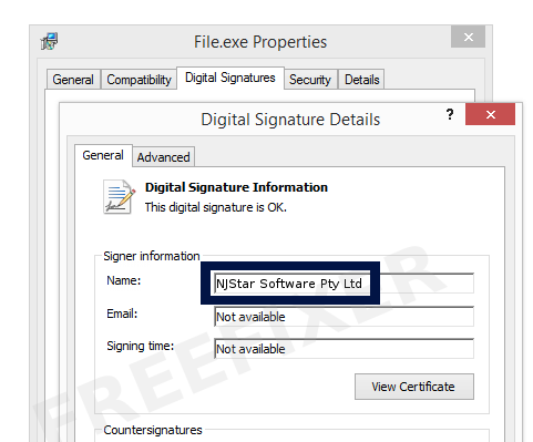 Screenshot of the NJStar Software Pty Ltd certificate
